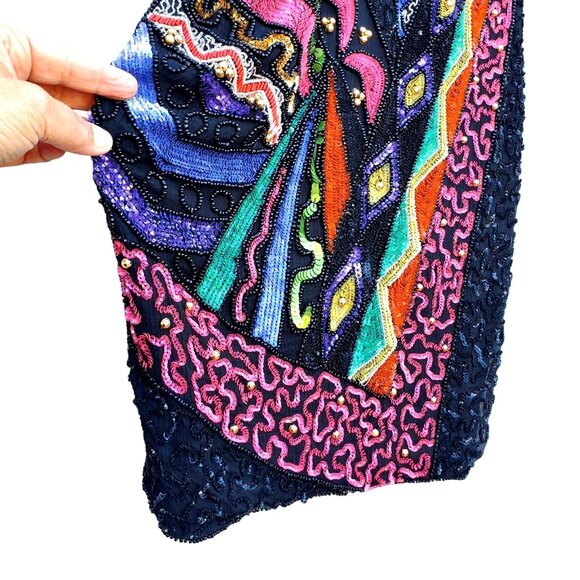Black Beaded Dress 80s XS Together Silk Black Colorful - Picture 12 of 16